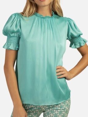 Trina Turk Sunrise Top in Tiffany Blue Puff Sleeve Ruffle Neck NEW Large $228